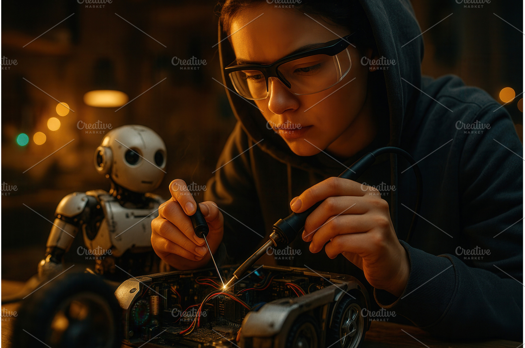 A young person wearing protective, a Technology Photo by Sergey Kotenev