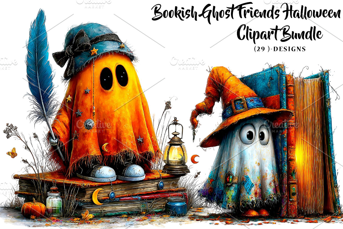 Bookish Ghost Friends Halloween, a Seasonal Illustration by CreationArt (Photo 1 of 5)