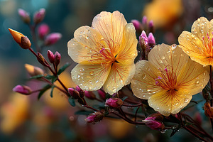 Closeup of golden yellow flowers with dew drops and pink buds on, a Nature Photo by José Manuel Gelpi