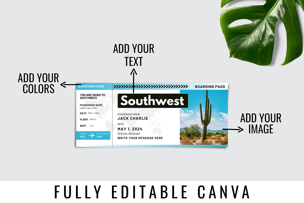 Southwest Trip Ticket Canva Template, a Card Template by Snapybiz (Photo 5 of 10)