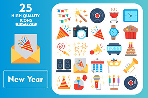 New Year's 25 Flat Icons, an Icon by Pexelpy
