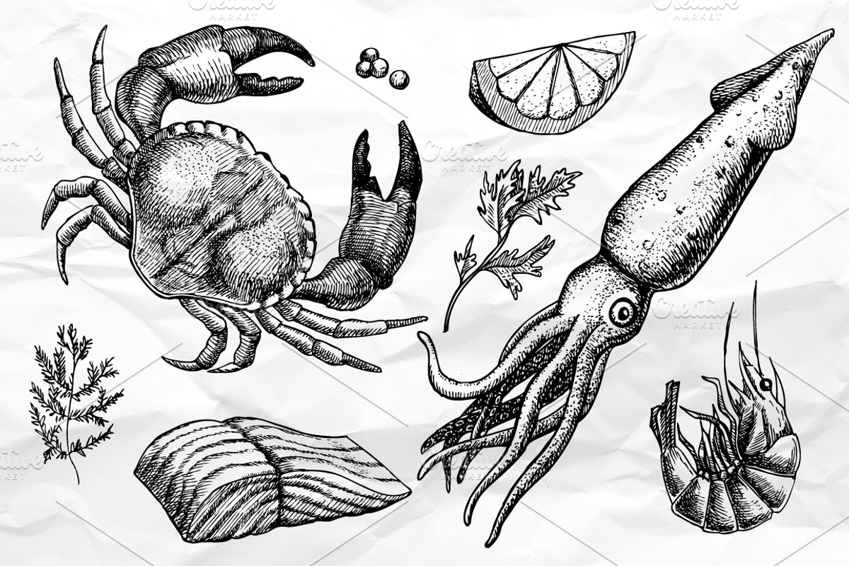 Seafood. Hand Drawn Vintage Set, a Background Graphic by Epine (Photo 2 of 5)