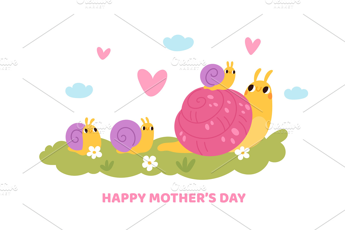 Cute snail mother. Mom day card with, an Animal Illustration by YummyBuum