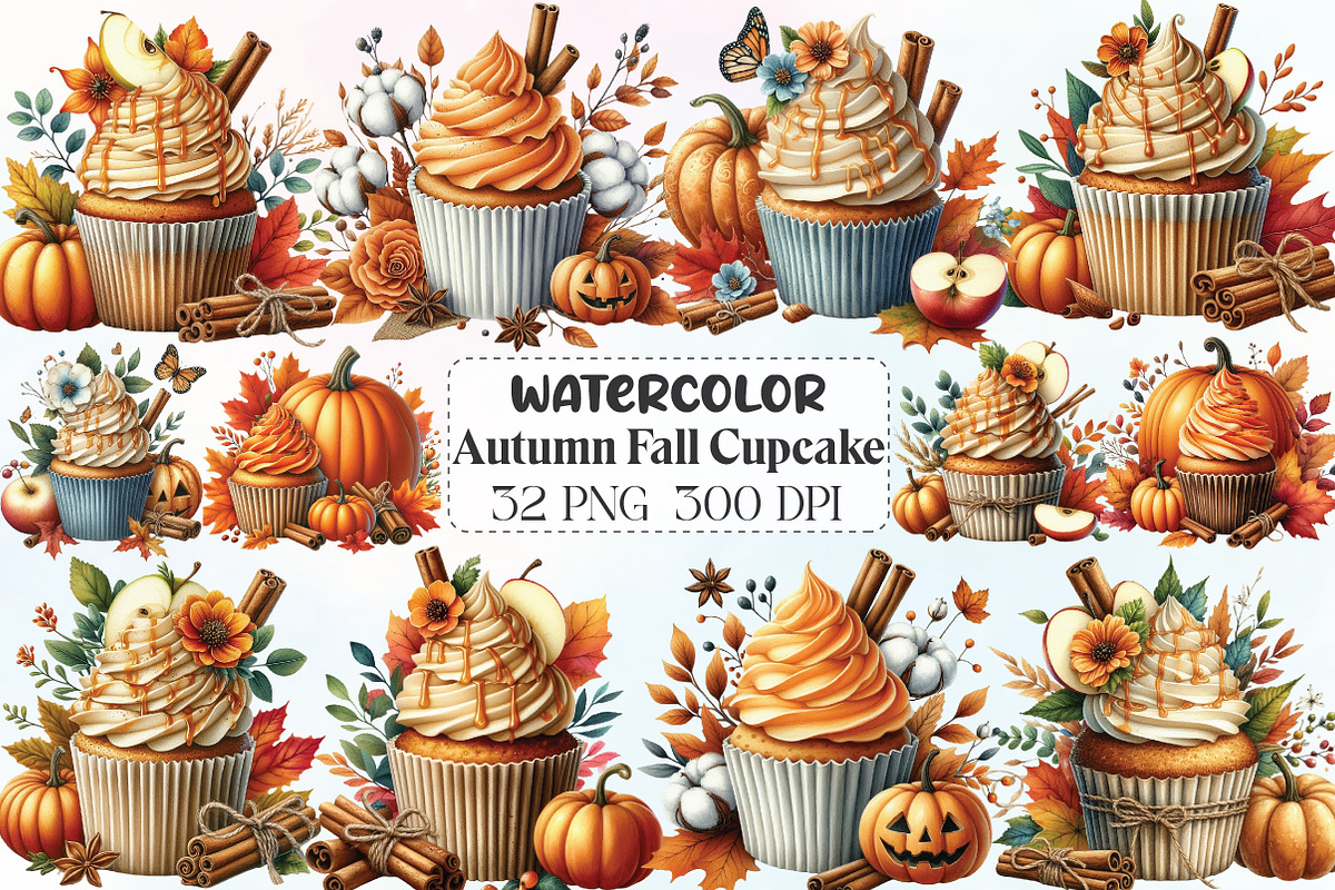 Watercolor Autumn Fall Cupcake PNG, an Illustration by CraftArtStudio (Photo 1 of 5)