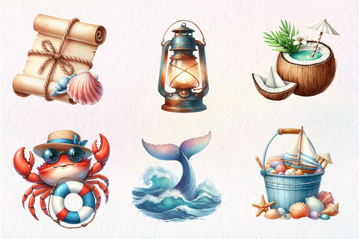 Watercolor Nautical Summer Clipart, an Illustration by CreationArt (Photo 4 of 5)