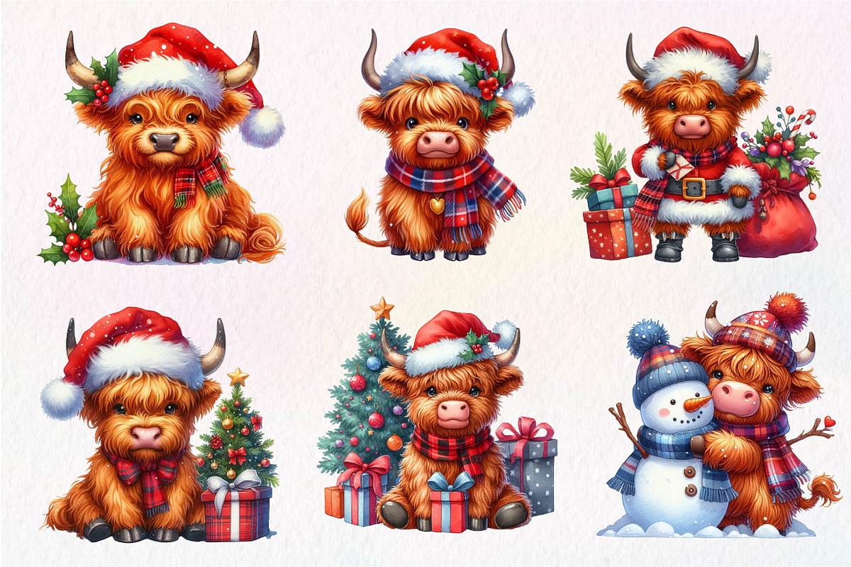 Cute Christmas Highland Cow Clipart, an Illustration by Dream Creation (Photo 6 of 7)