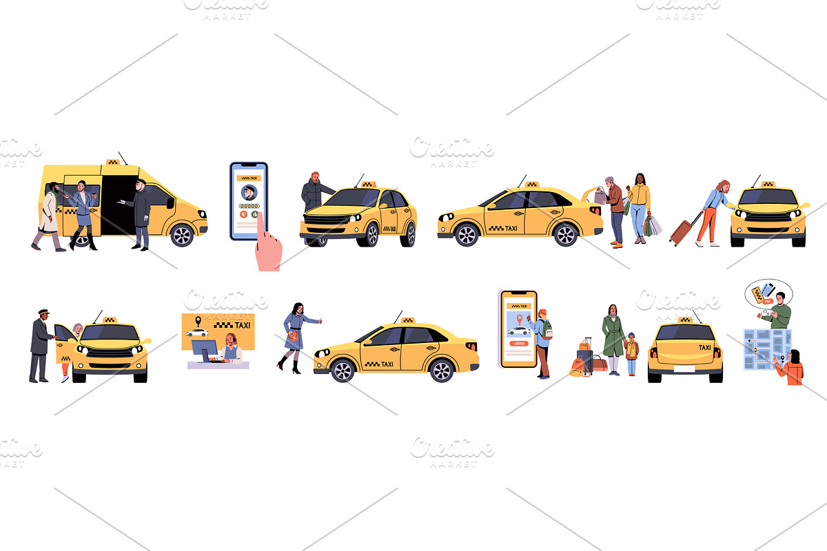 People use taxis. Townspeople, a Transportation Illustration by YummyBuum