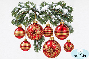 Snowy Pine Garland Red Ornaments PNG