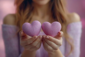 Happy young woman holds in hands love hearts, a Photo by AlyaAnd