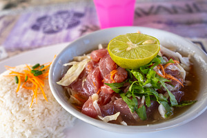 Polynesian raw fish dish served in Hiva Oa, French Polynesia, a Photo by GoodGoods