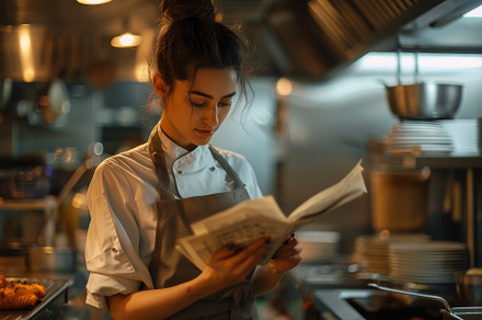 A culinary expert studies a recipe i, a Photo by Tanuart