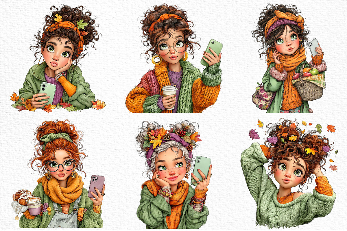 Cozy Autumn Selfie Girls Clipart, a Seasonal Illustration by Craft Nest (Photo 5 of 12)