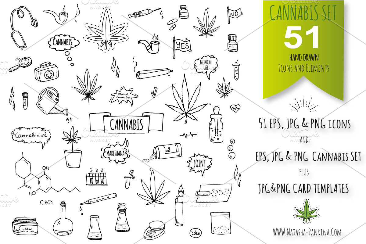 CANNABIS: 51 hand drawn elements!, an Outline Icon by Natasha-Pankina.com (Photo 1 of 2)