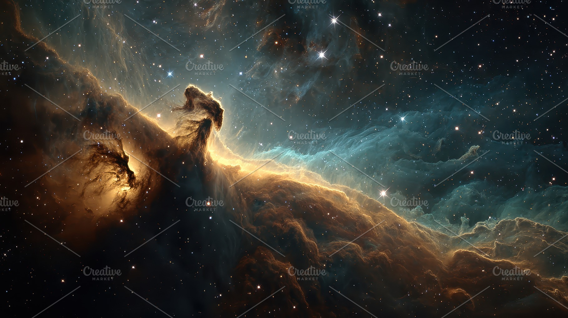 Cosmic Nebula Golden Hues Starry Sky, a Photo by Pixeness Studio