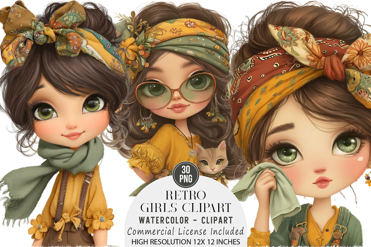 Retro Girls Clipart Bundle, an Illustration by DreamArtGraphic (Photo 1 of 4)