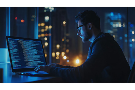 Man Coding on Laptop at Night in