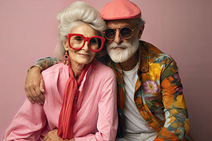 Stylish elderly couple in colorful outfits posing against a pink, a Person Photo by ImageMir