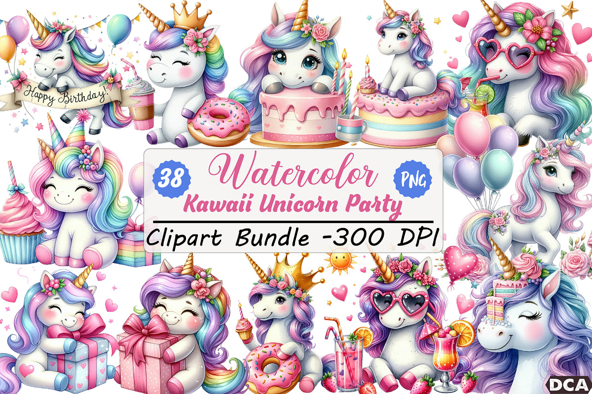 Kawaii Unicorn Party Clipart Bundle, an Illustration by DreamCafeArt (Photo 1 of 6)