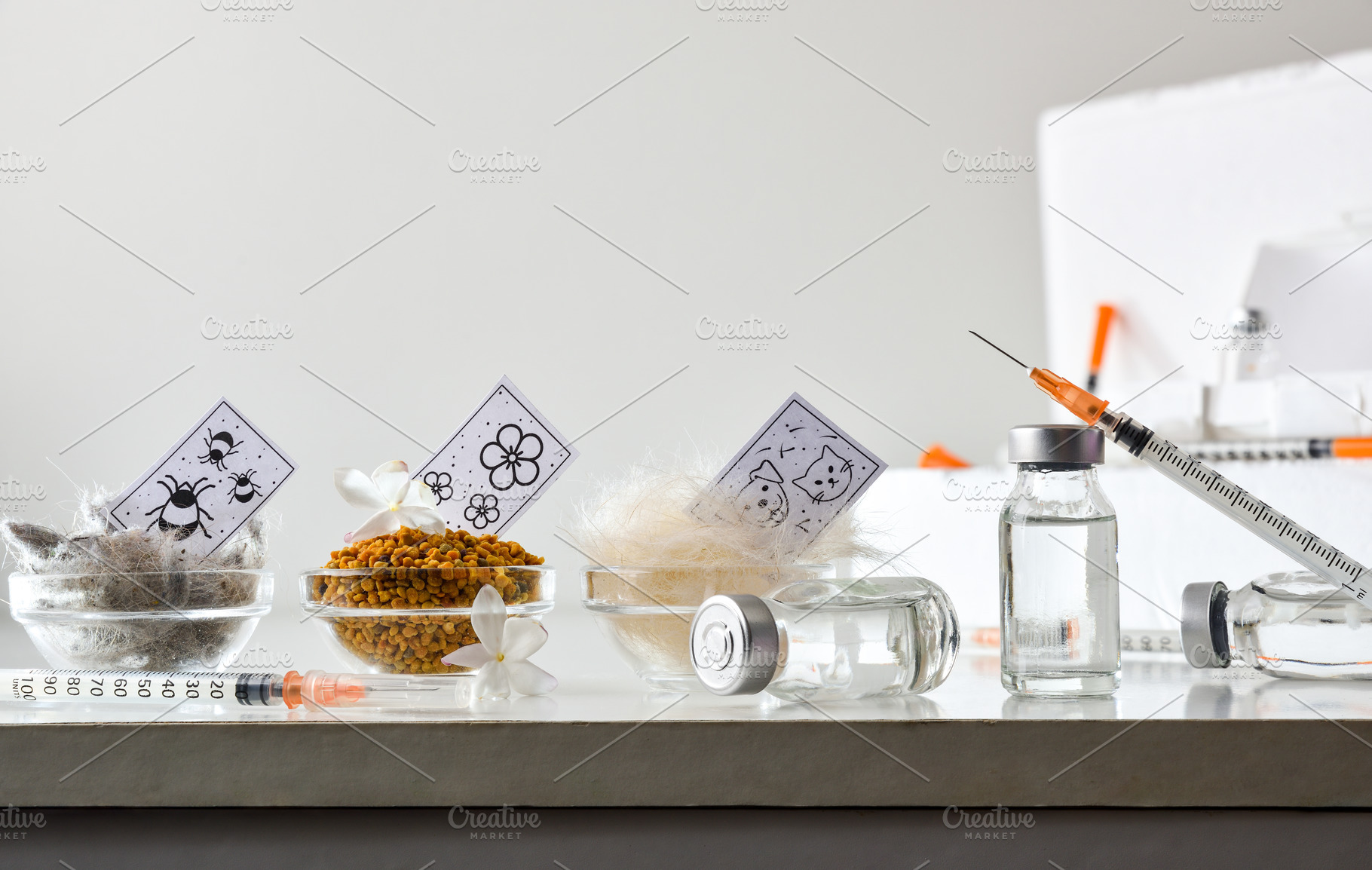 Tools and products for allergen vaccination on table isolated ba, a Health & Medical Photo by Davizro's Market