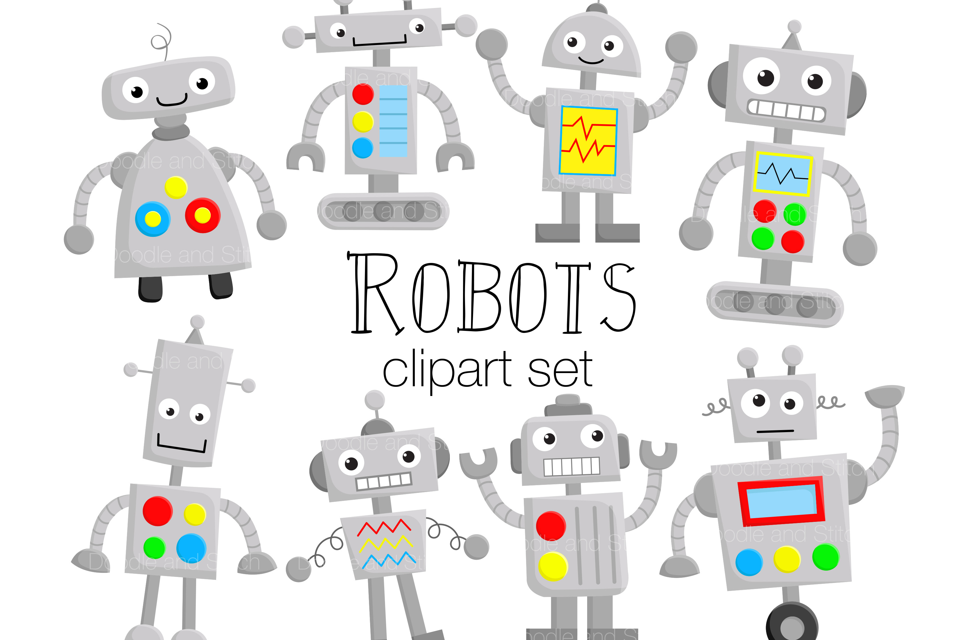 Cute Robots Clipart Illustrations, an Illustration by Doodle and Stitch
