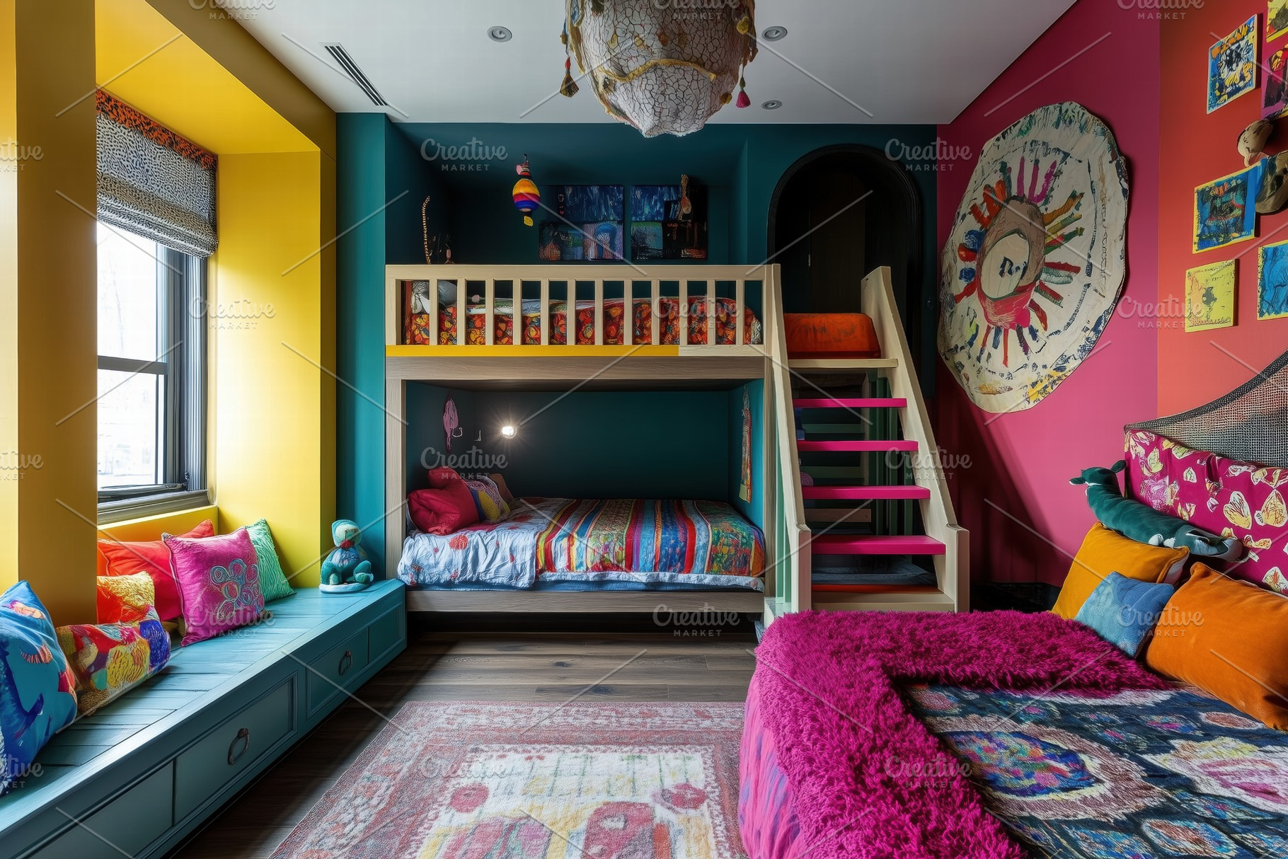 A vibrant Eclectic interior style design children's bedroom featuring a  loft be, an Arts \u0026 Entertainment, image size:1820x1214
