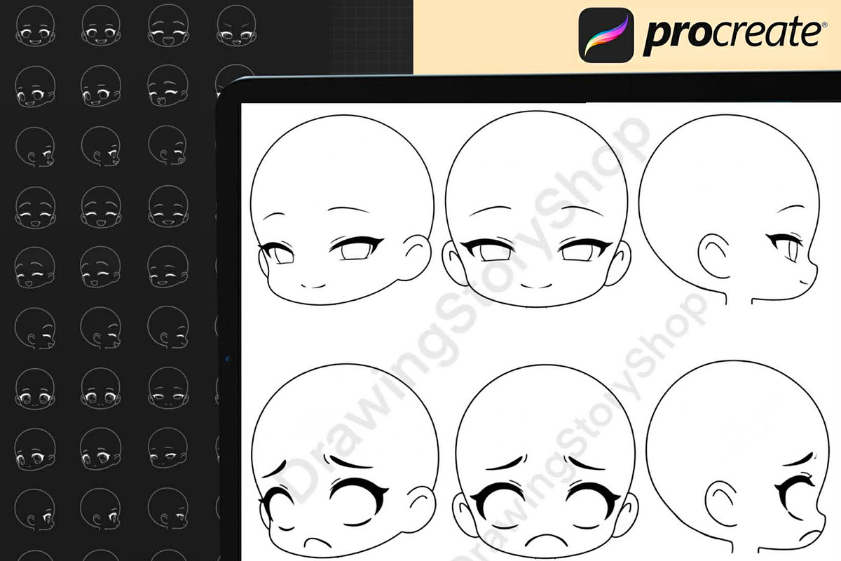 330Procreate Chibi Girls Head Stamp, a Brush Add-On by DrawingStoryShop