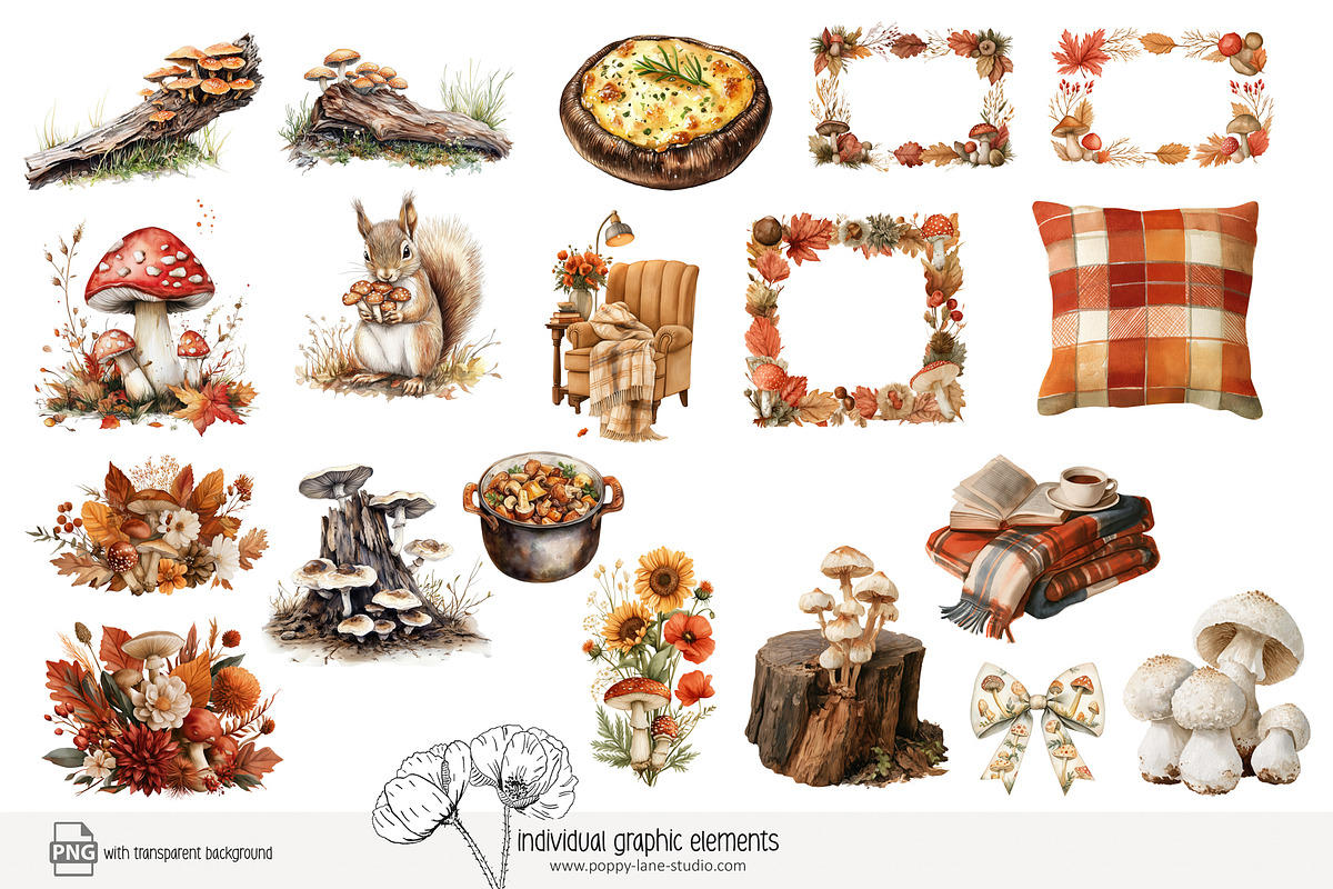 100 autumn mushroom clip art, a Seasonal Illustration by Poppy Lane Studio (Photo 2 of 11)