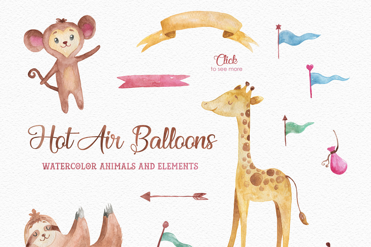 Hot Air Balloons Watercolor Clipart, an Animal Illustration by LeMagiqueBoutique (Photo 3 of 6)