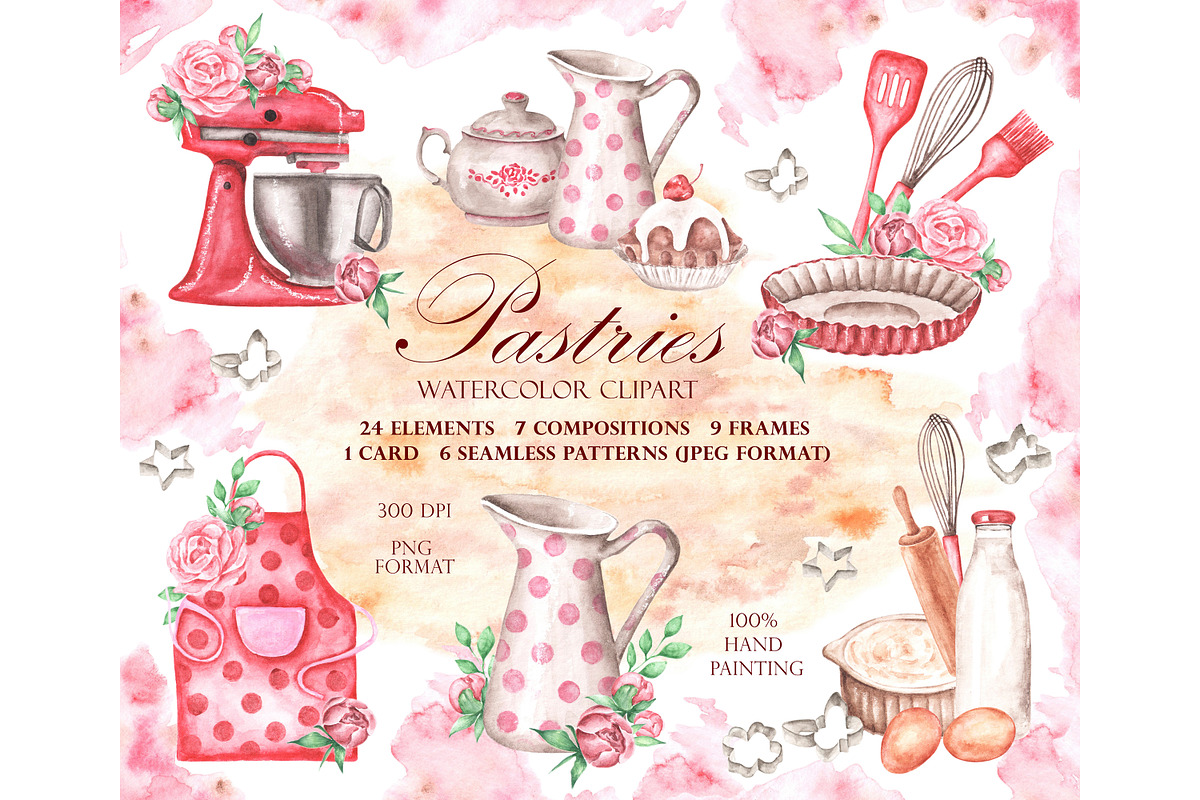 Pastries watercolor set. Baking., a Food Illustration by SabinaWatercolorArt (Photo 1 of 13)