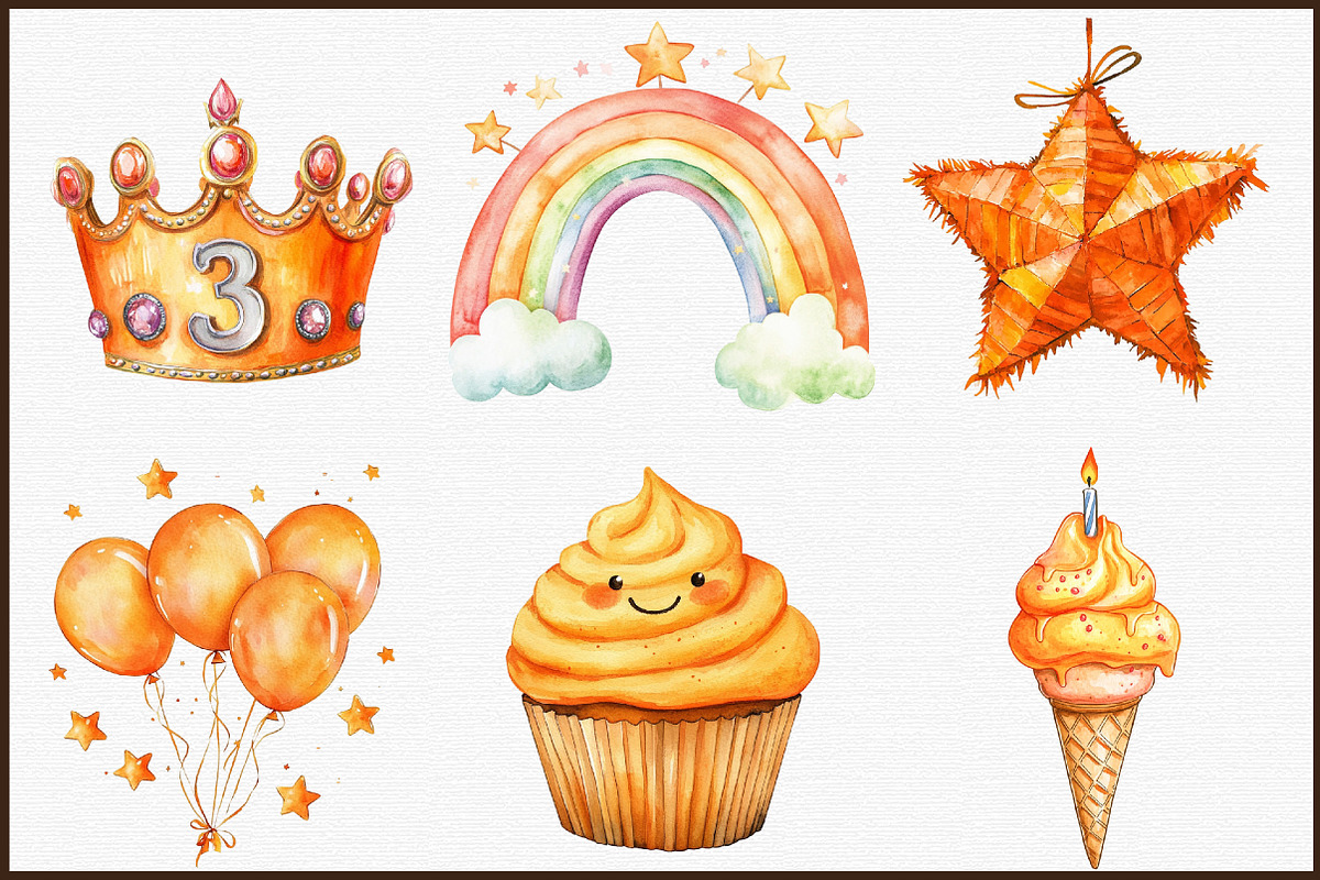 Kids Orange Birthday Watercolor Clip, an Illustration by Sublimation Artist (Photo 3 of 6)