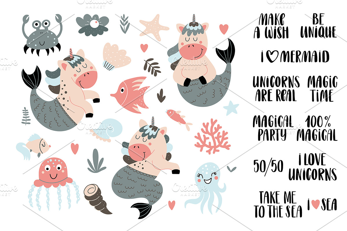 Mermaid-unicorn clipart and patterns, an Animal Illustration by rosypatterns (Photo 2 of 8)