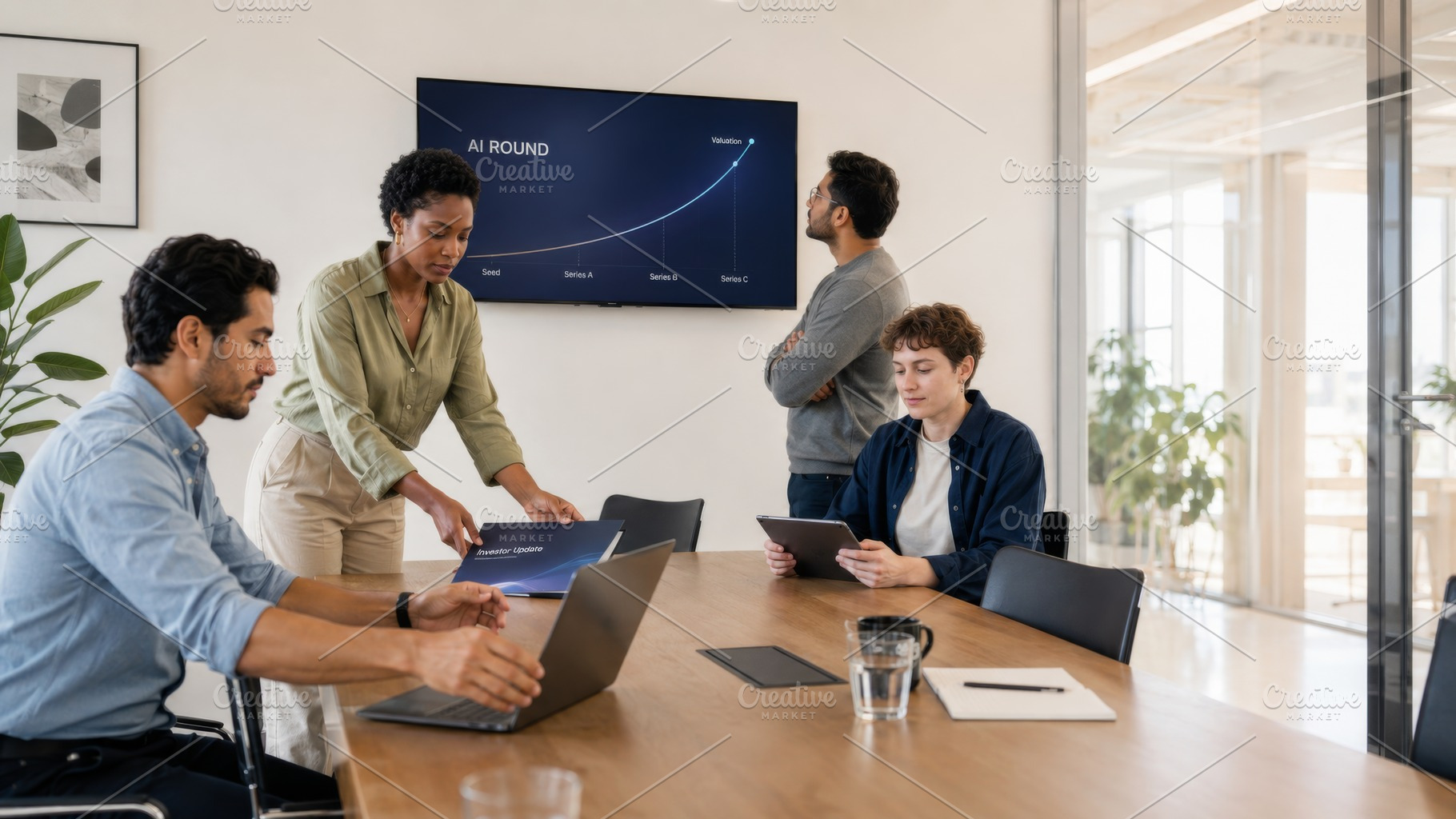 Business meeting discusses AI develo, a Photo by Dvoevnore photos