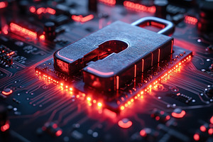 Cybersecurity concept with lock on i, a Photo by Tanuart