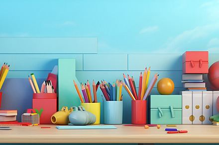 Back to school concept. Different various supplies, stationery at home desk, a School & Education Photo by Lenor4ik