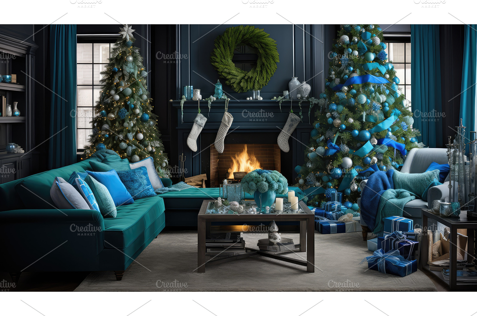 livingroom blue and green christmas, a Holiday Photo by pikepicture