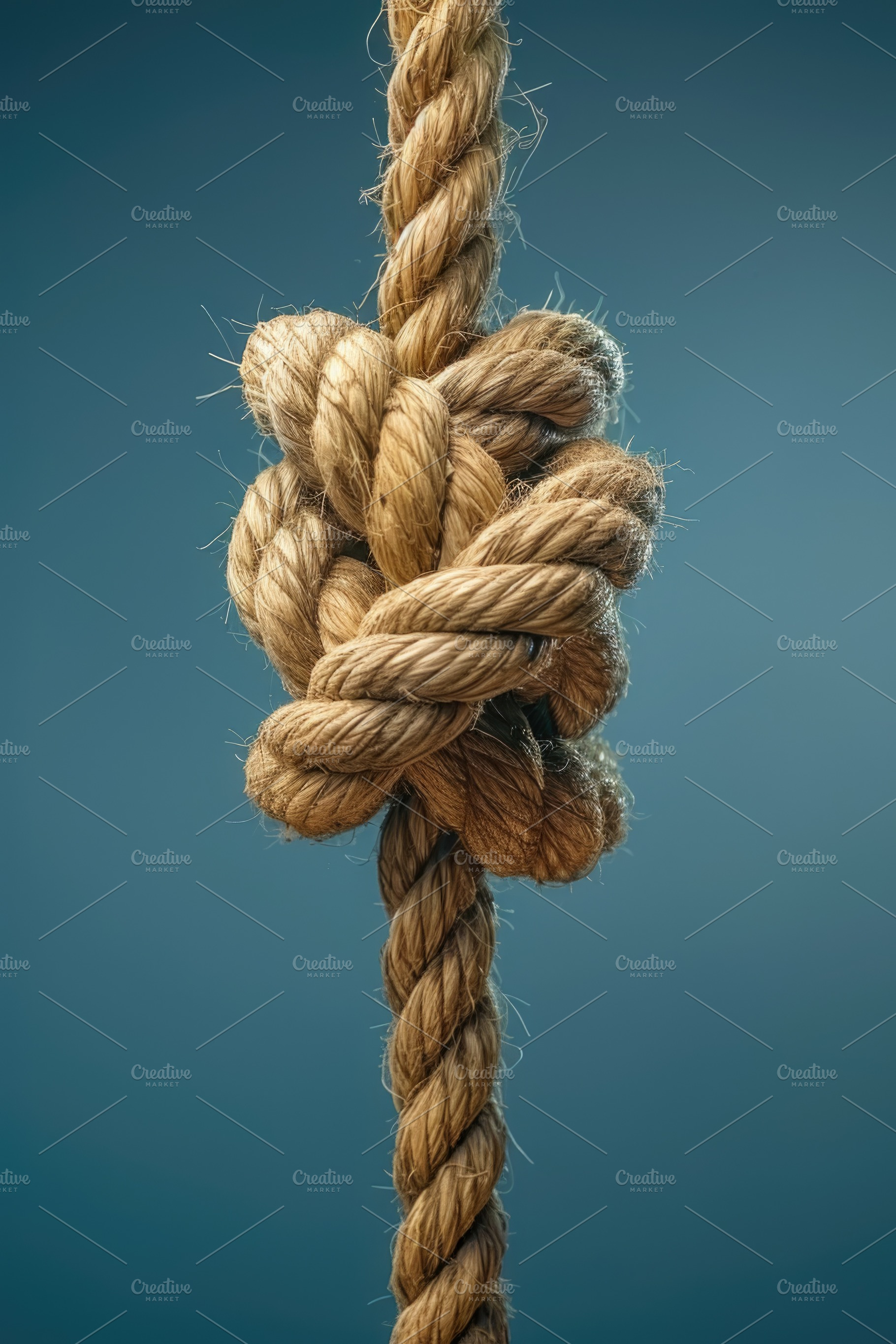 Vertical rope knot hanging under tension on blue background symb, an Abstract Photo by José Manuel Gelpi