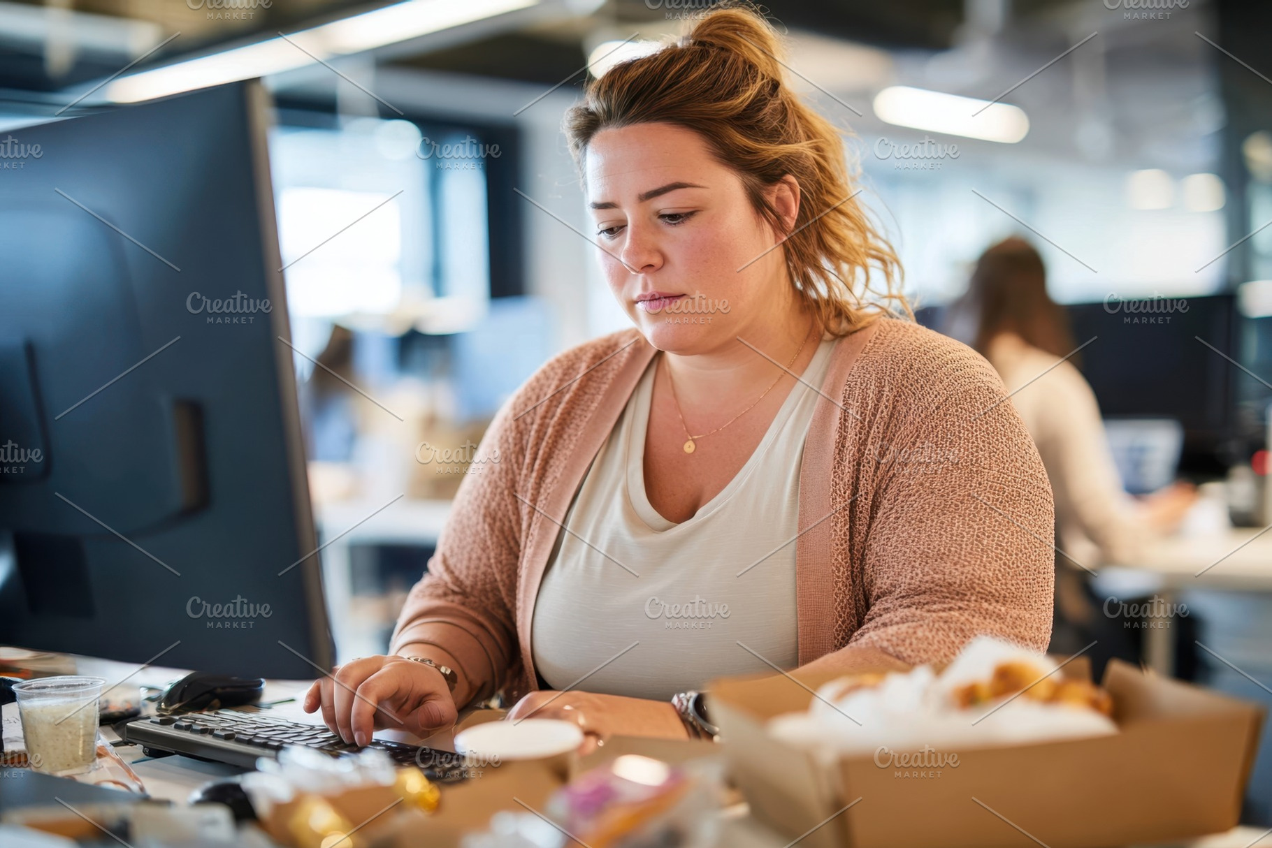 Bored overweight woman eating fast food in office setting, a Person Photo by AlyaAnd