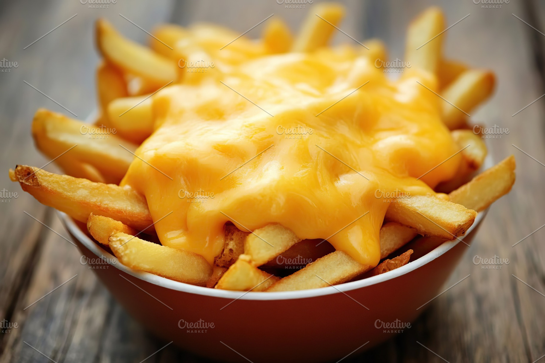 Tasty french fries topping with cheddar cheese on wooden table, a Food & Drink Photo by AlyaAnd