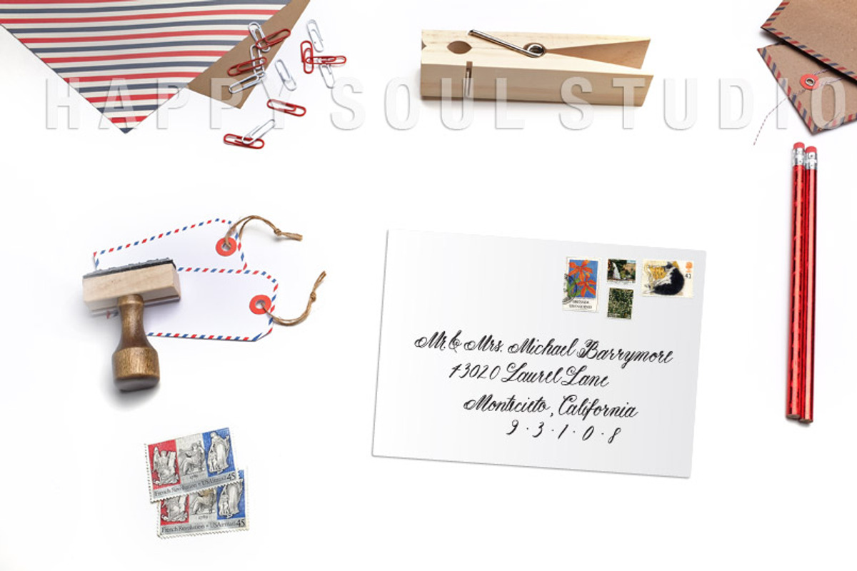 White Desk Envelopes Stamps Paper, a Pens & Pencil Mockup by Happy Soul Studio (Photo 2 of 2)