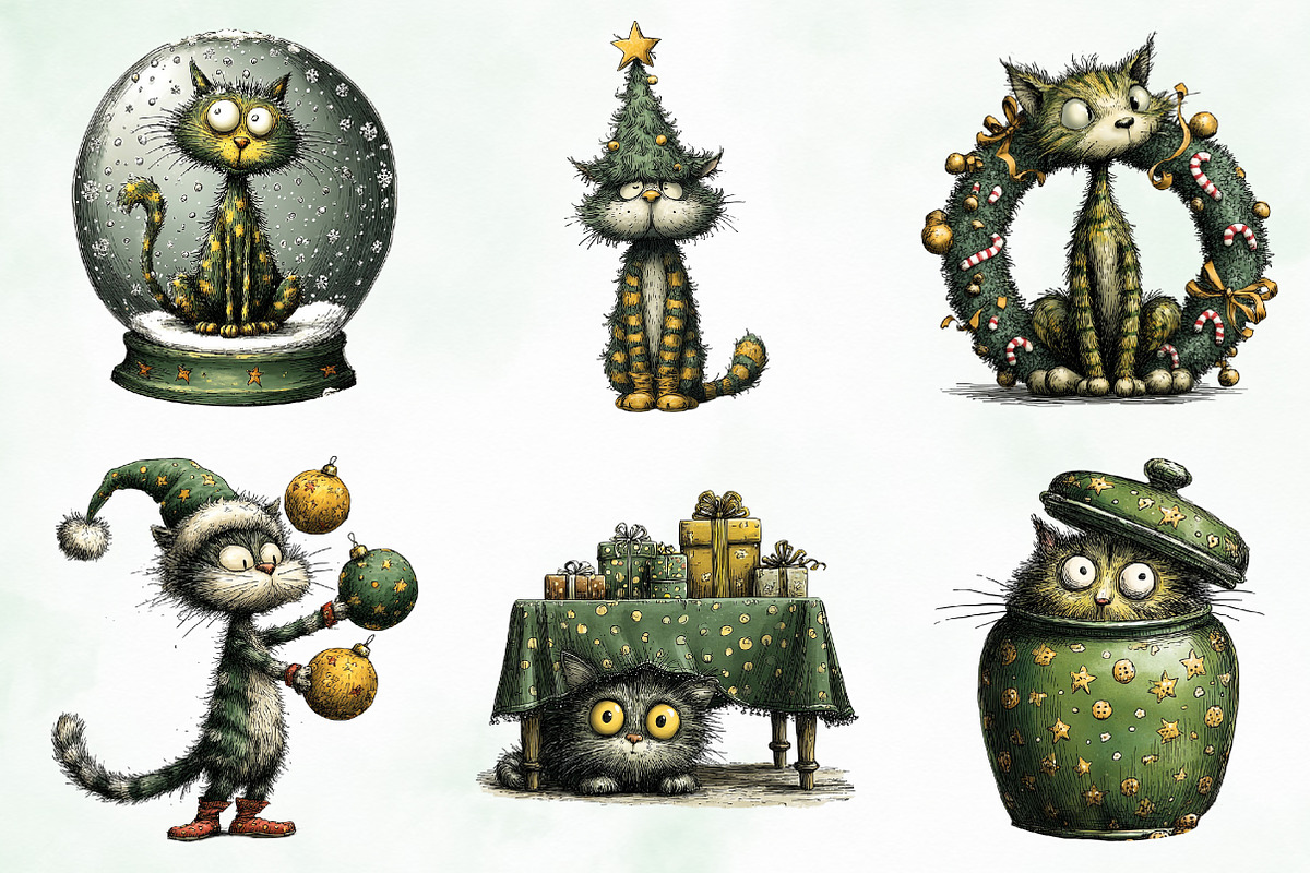 Whimsical Christmas Cats Clipart, an Illustration by Creative Art (Photo 6 of 10)