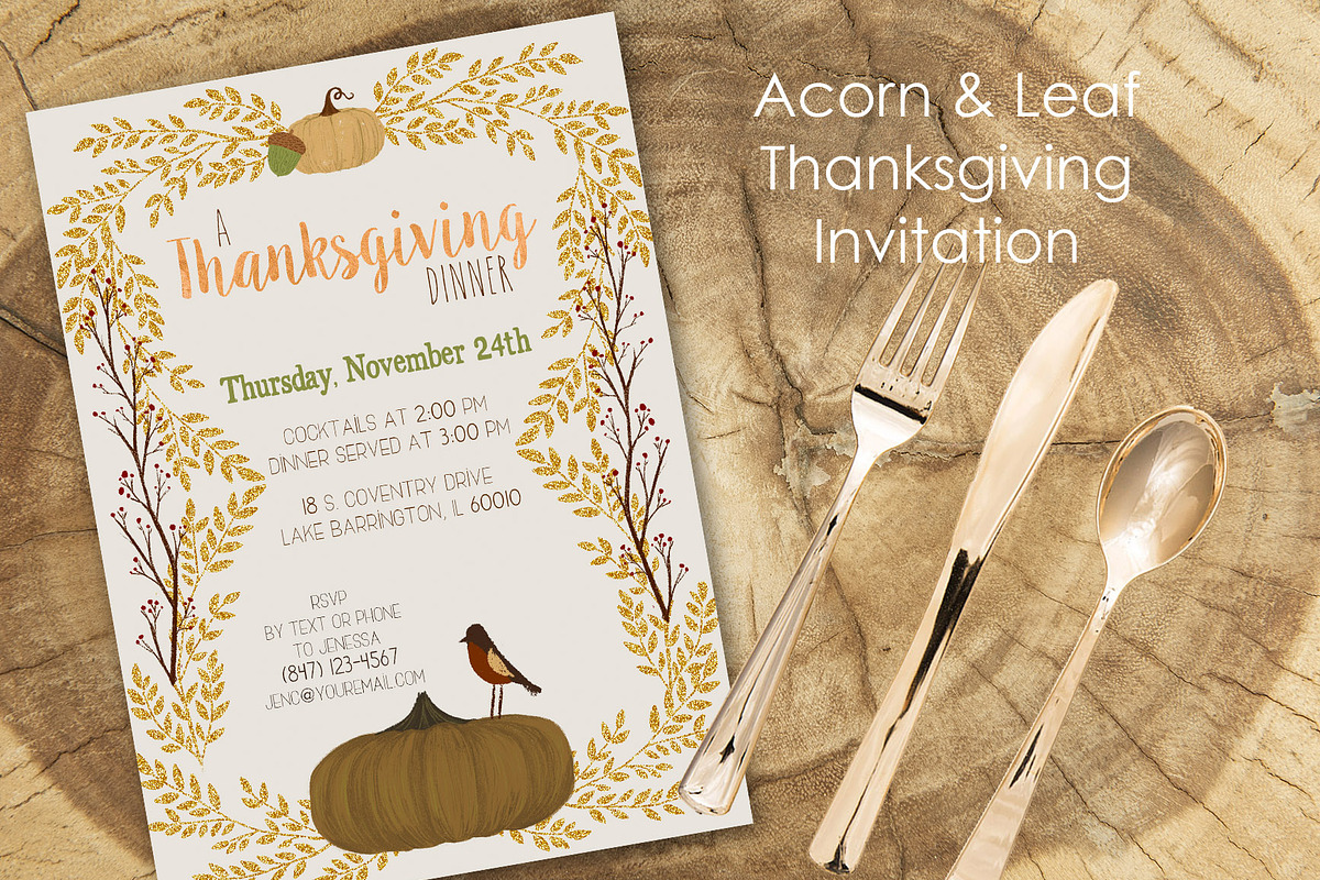 Acorn Leaf Thanksgiving Invitation, an Invitation Template by Jennifer Caminiti