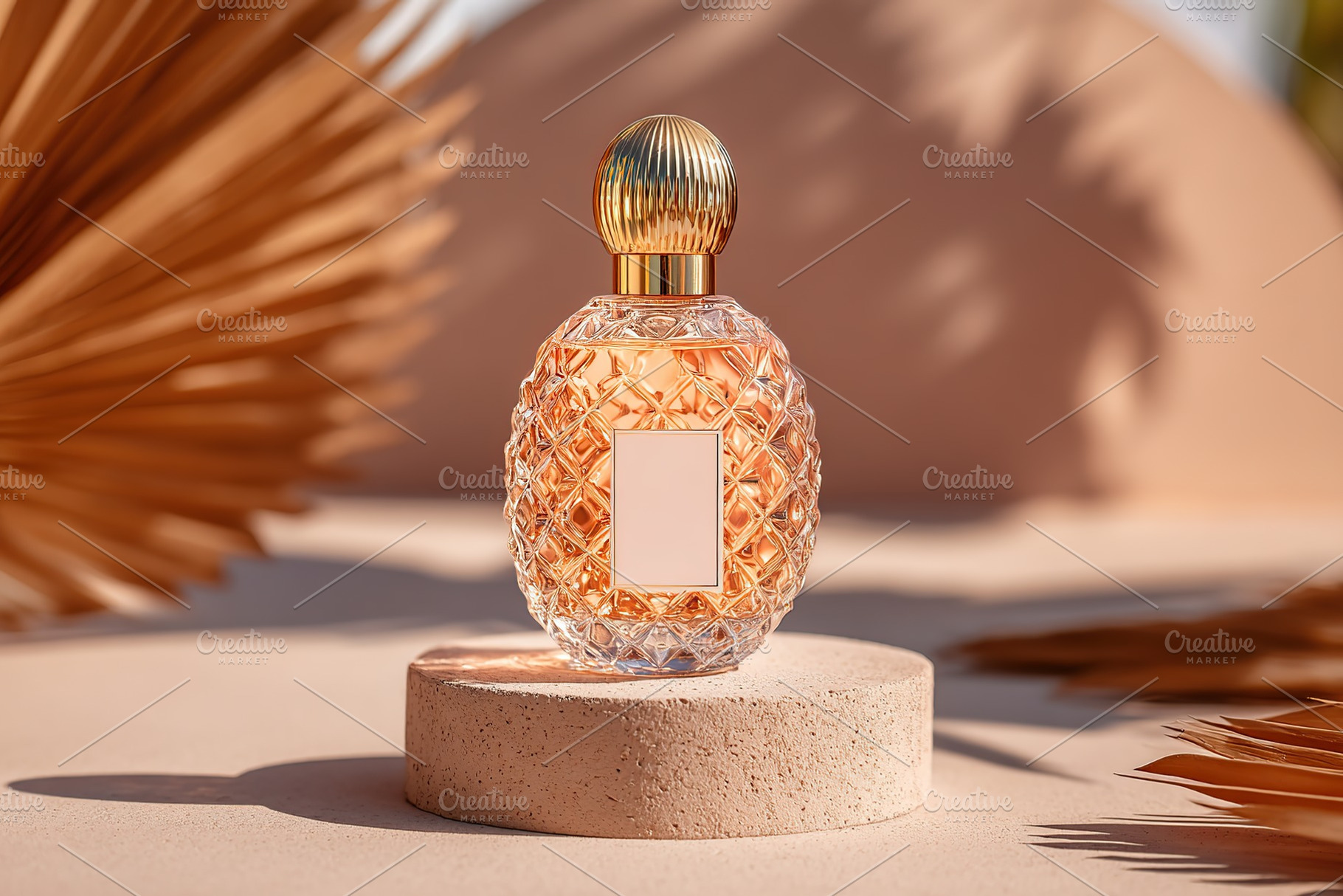 Elegant perfume bottle showcased on a textured pedestal with natural elements b, a Photo by AlyaAnd