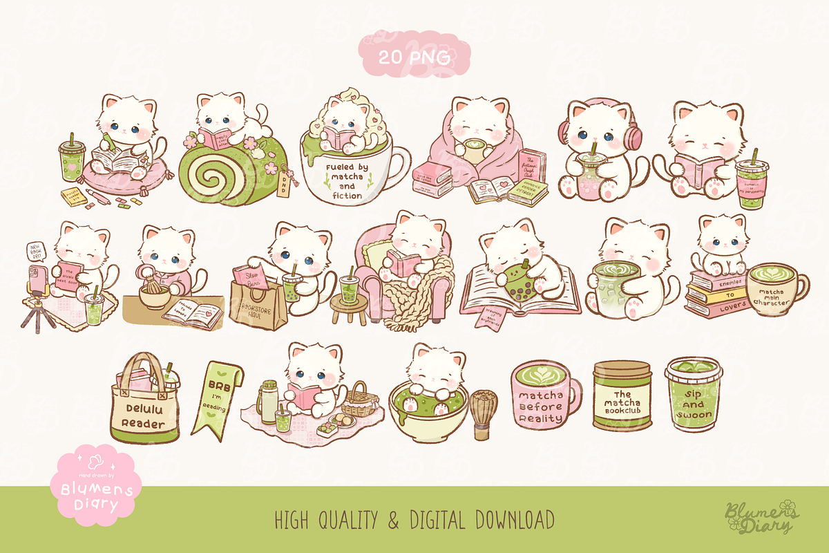 Bookish Matcha Cat Clipart, an Animal Illustration by Blumensdiary (Photo 2 of 6)
