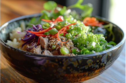 Delicious poke bowl with rice meat, a Food & Drink Photo by Ylivdesign