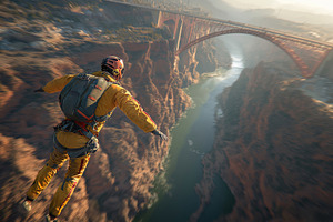 Extreme BASE Jumping Over Canyon with Bridge in Focused Adventure Landscape, a Sports & Recreation Photo by Ocean Digital Art