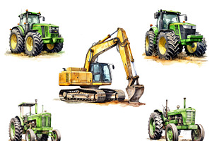 Watercolor Tractor Clipart Bundle