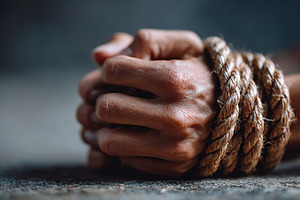 Hands tied with rope showing distress, capturing a moment of struggle and confi, a Photo by AlyaAnd