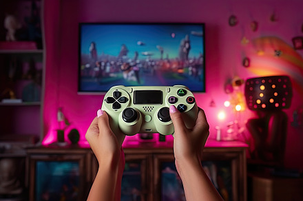 Close-up girl female hand holding a control panel for a game console, a Sports & Recreation Photo by zakiroff