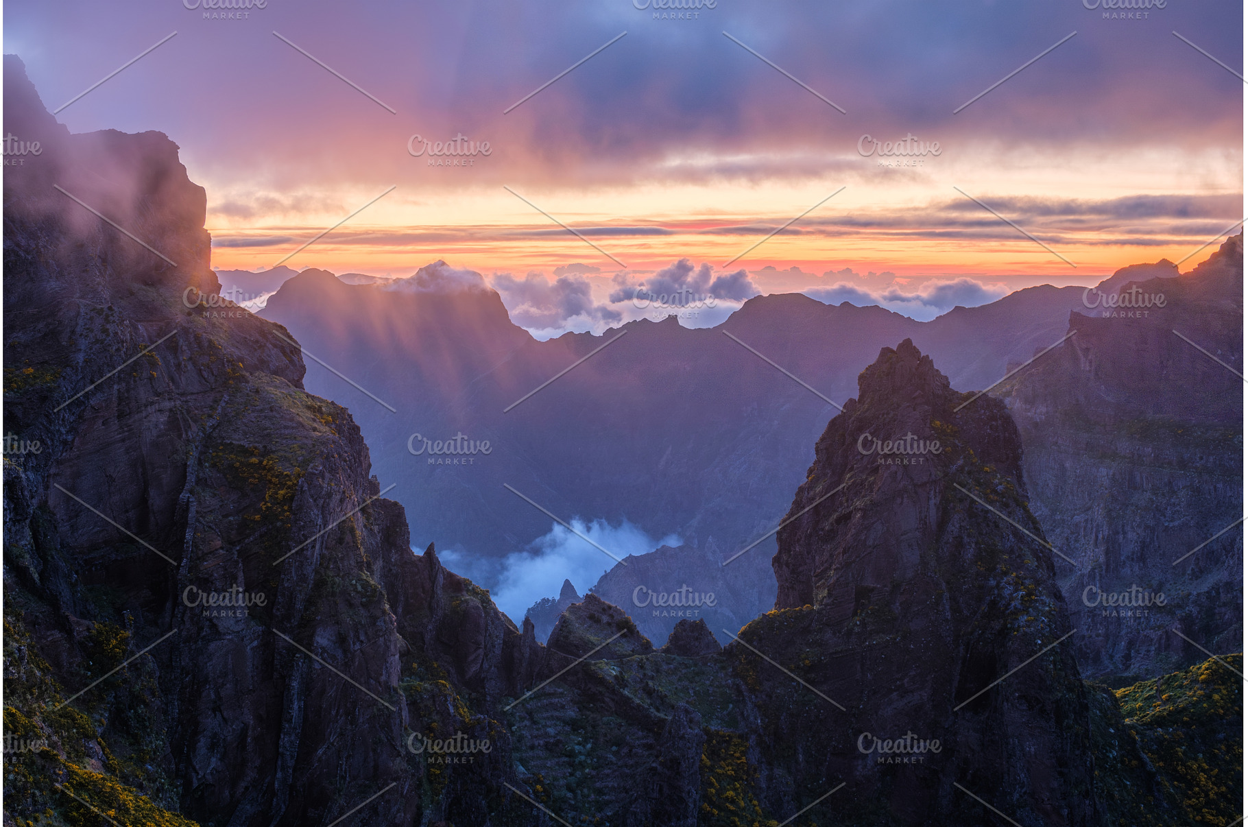 Mountains on sunset covered in fog, a Nature Photo by f9photos