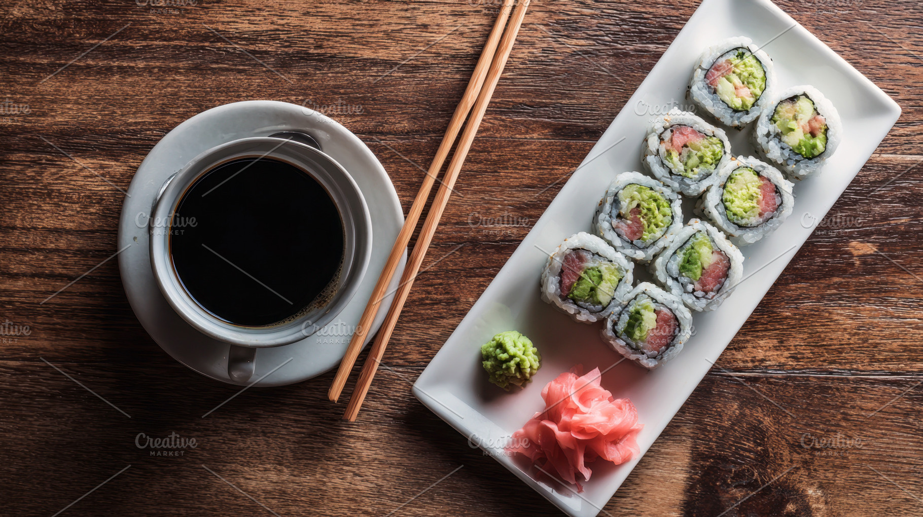 Sushi and coffee on wood, a Photo by Beautiful things